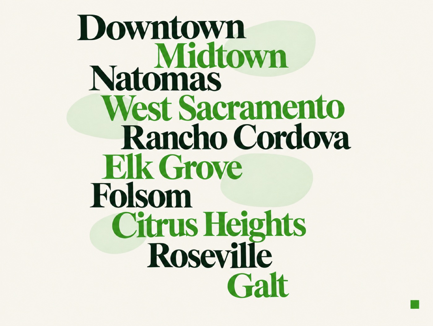 The places we work, set in type: Downtown, Midtown, Natomas, West Sacramento, Rancho Cordova, Elk Grove, Folsom, Citrus Heights, Roseville, Galt